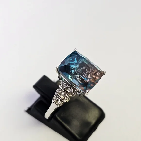 Aqua Colorful Terra Costa Quartz Triplet & White Zircon Ring in 925! Size 7 New - Picture 13 of 14